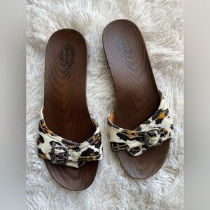 Dr Scholls Leopard Print  Advanced Comfort Slide Buckle Sandals Brown Faux Wood